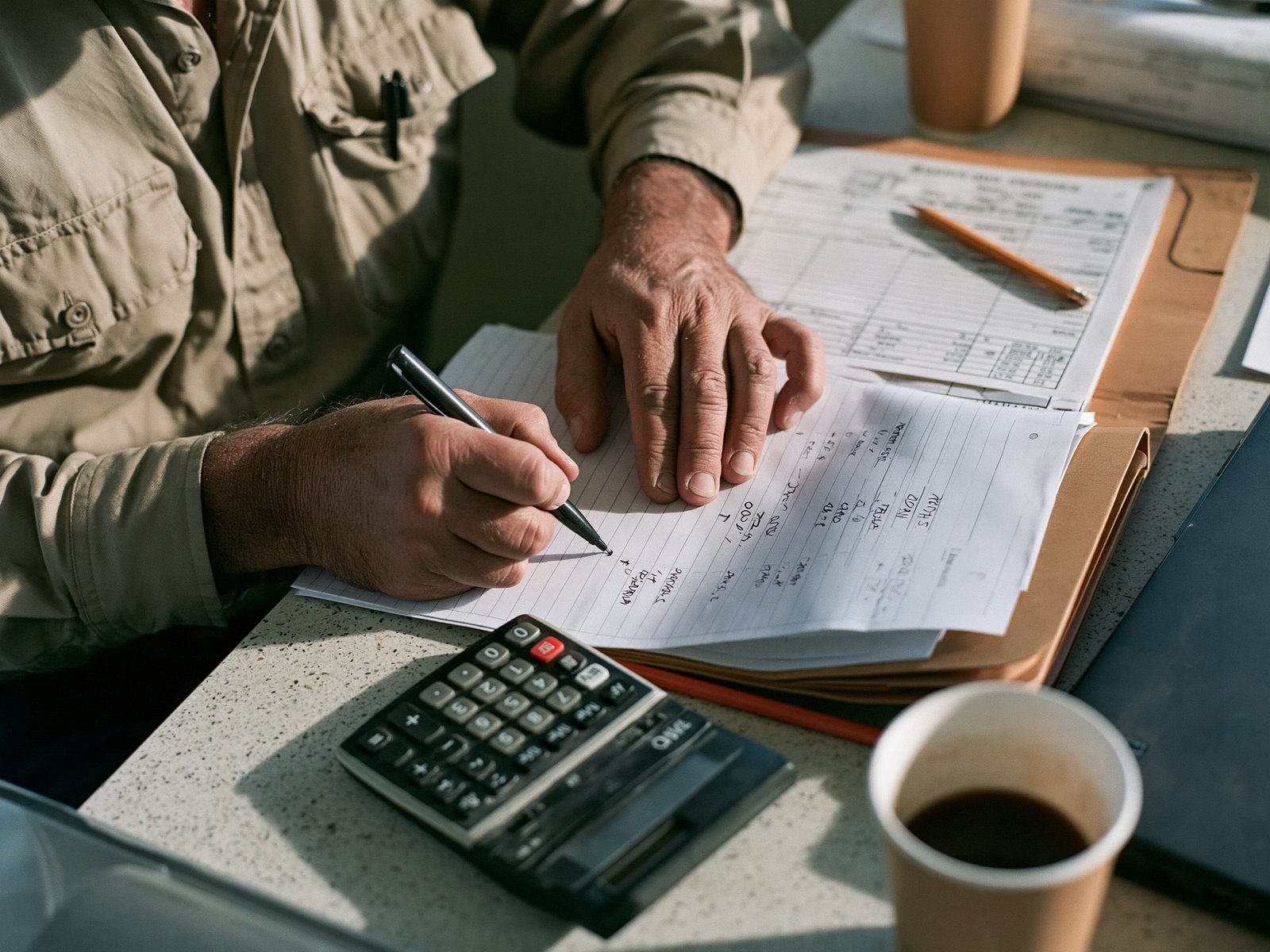 Hände eines Handwerkers beim Schreiben eines Angebots, daneben Taschenrechner und Kaffee