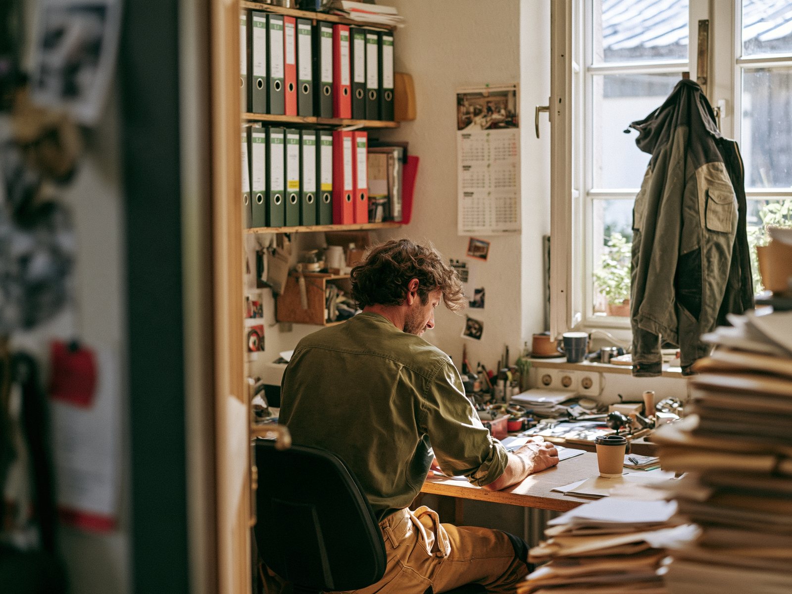 Kleines Büro eines Handwerksbetriebs mit Ordnern, Schreibtisch und Fenster