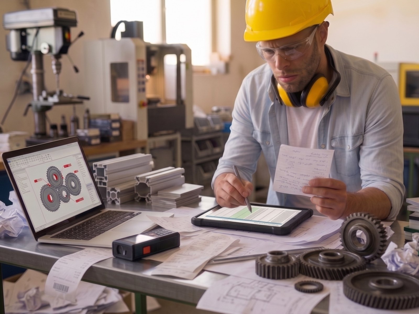 Metallbauer mit Helm prüft am Tablet eine Tabelle, daneben ein Laptop mit CAD-Zeichnung und Zahnräder auf der Werkbank