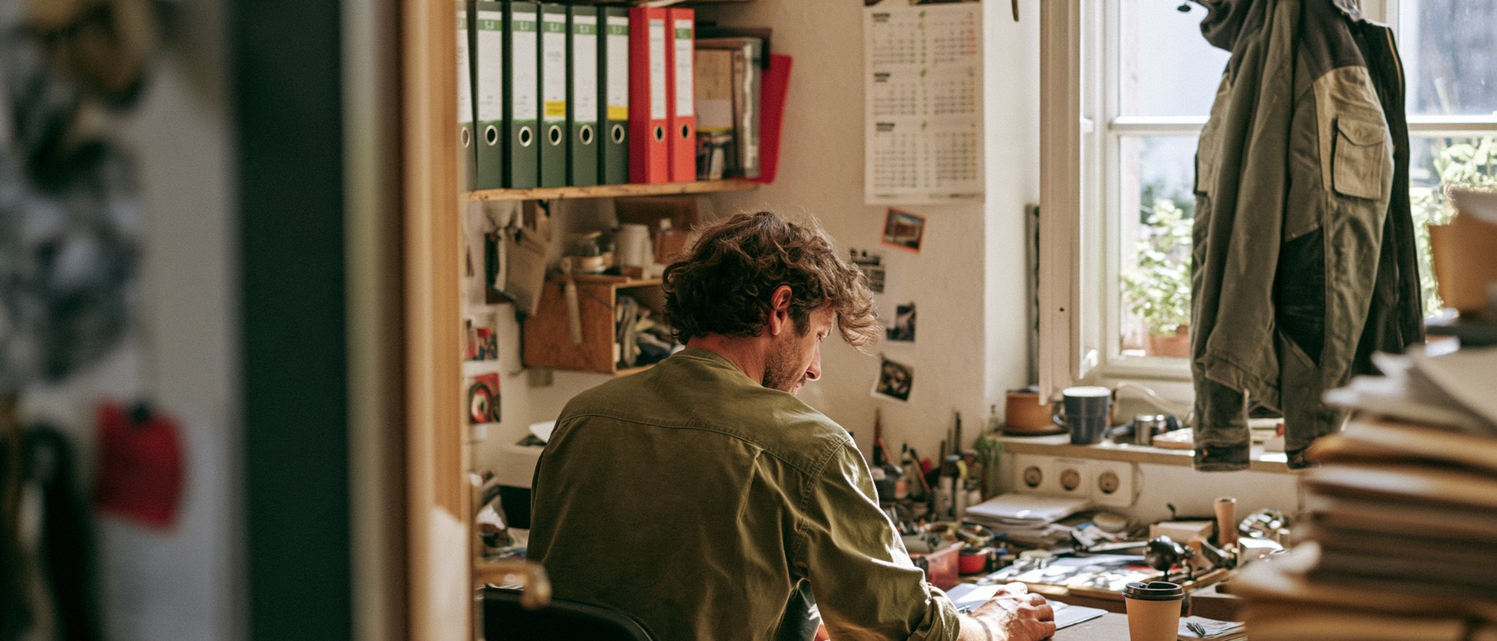 Kleines Büro eines Handwerksbetriebs mit Ordnern, Schreibtisch und Fenster